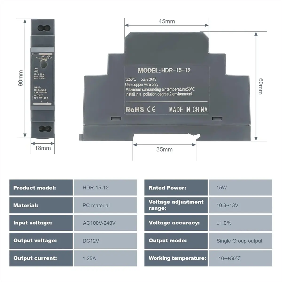DIN Rail Power Supply 12V DC 1.25A 15W, Input 100-240V AC 50/60Hz DIN Rail Transformer for Home or Industrial Automation