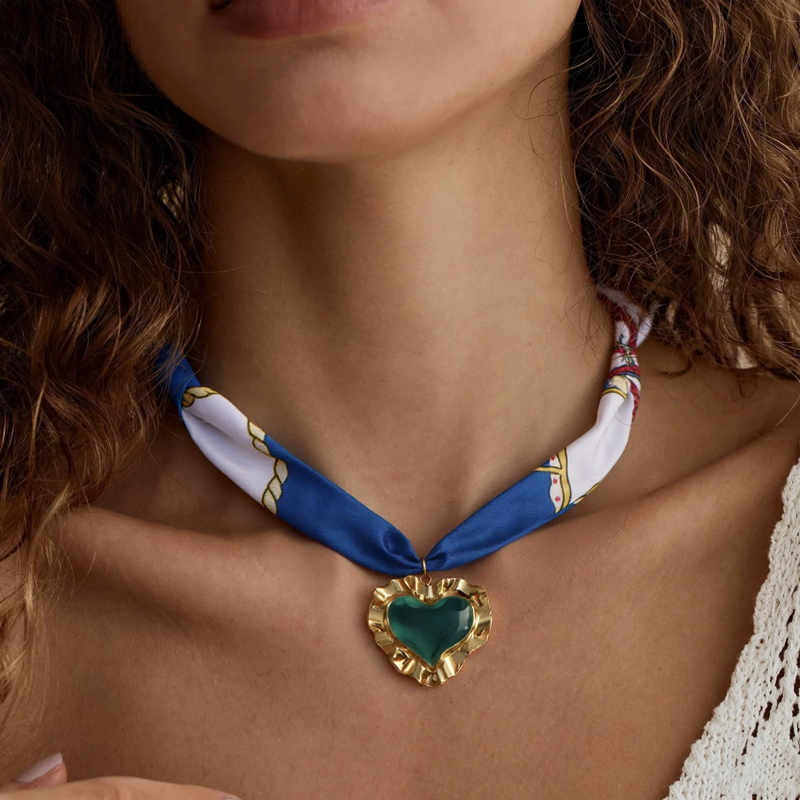 

Nautical Print Silk Scarf Bracelet with Enamel Heart Pendant