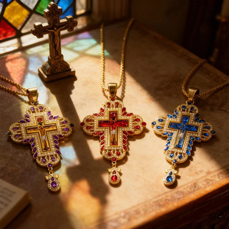 Luxuriöse Orthodoxe Brustkreuz-Halskette, Rote Kristallakzente mit Kruzifix-Ikone, Hochwertiger Liturgischer Schmuck für Kirchliche Sakramente – Detail 18