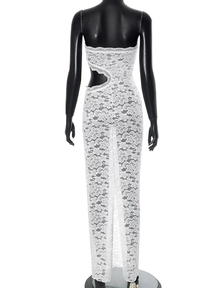 YUZHEXI zijgesneden strapless magere witte kanten jurk dames romantische mouwloze feestjurk