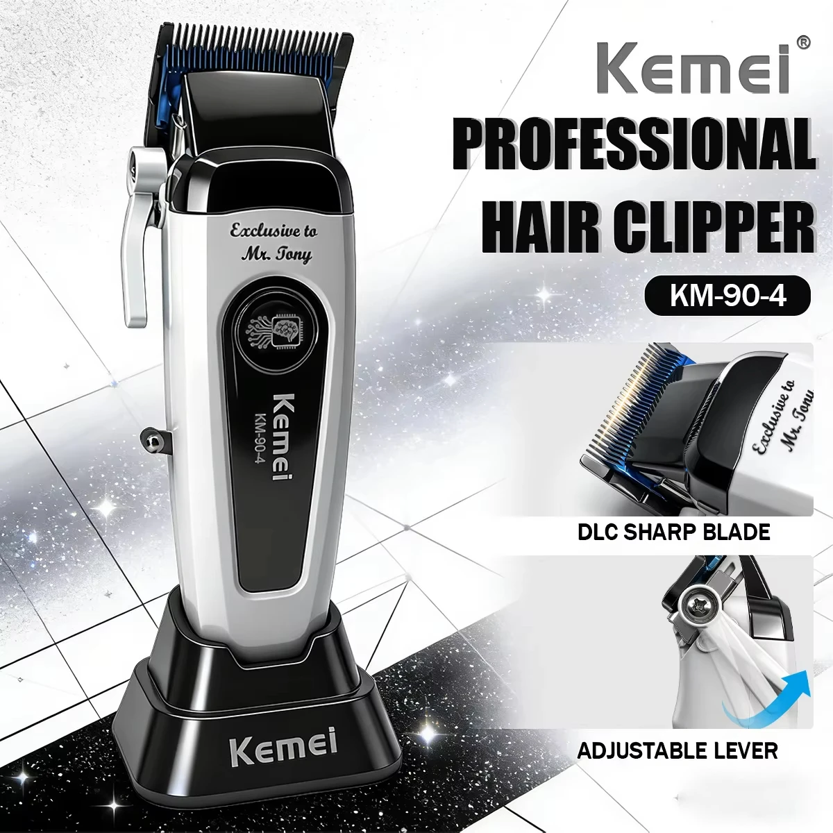 Kemei KM 90-4 Professional Hair Clipper for Men 11500RPM 10W Brushless Motor DLC Blade Base Charger Haircut Machine Hair Trimmer