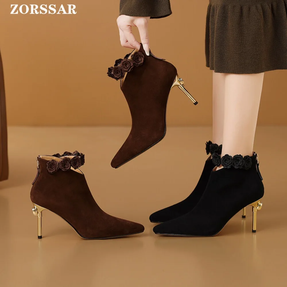 

Pointed Toe Women's High Heel Ankle Boots Fashion Elegant Dancing Party Shoes Autumn Winter Women's Suede Leather Short Booties