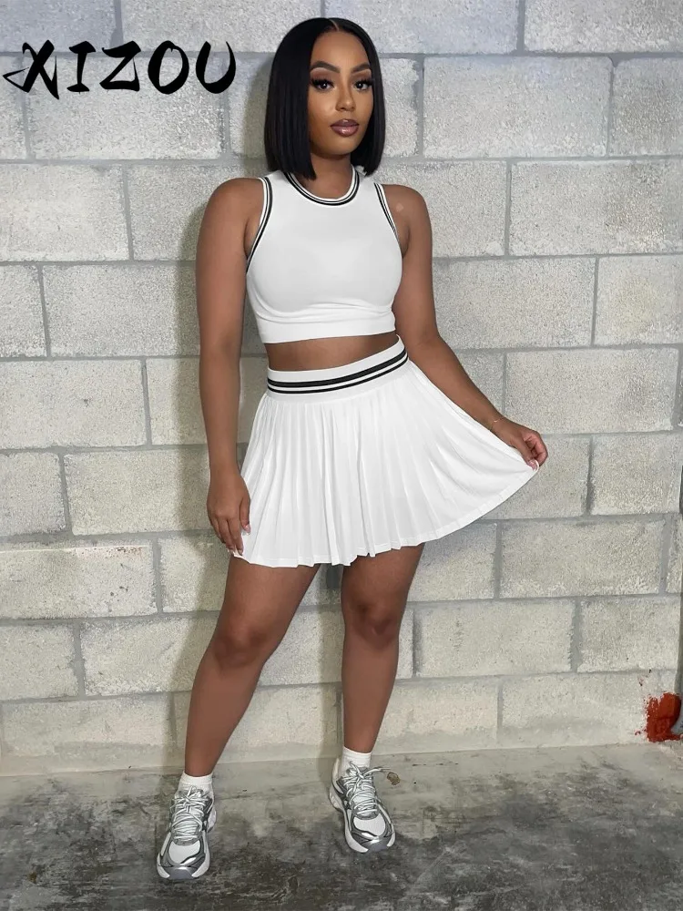 

XIZOU Sporty Fashion Women O-neck Mini Tank Top and Pleated Mini Skirt Suit 2025 Summer Vacation Fitness Two 2Piece Set Outfit