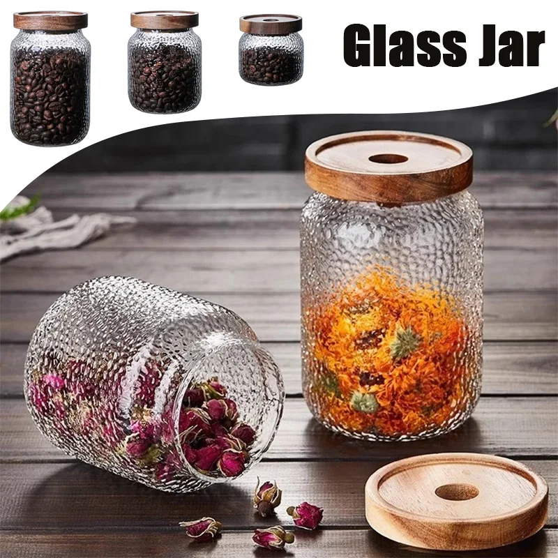 

300/500/700ml Vintage Style Hammered Transparent Glass Sealed Jar with Wood Lid Storage for Coffee Beans Kitchen Gadgets Home
