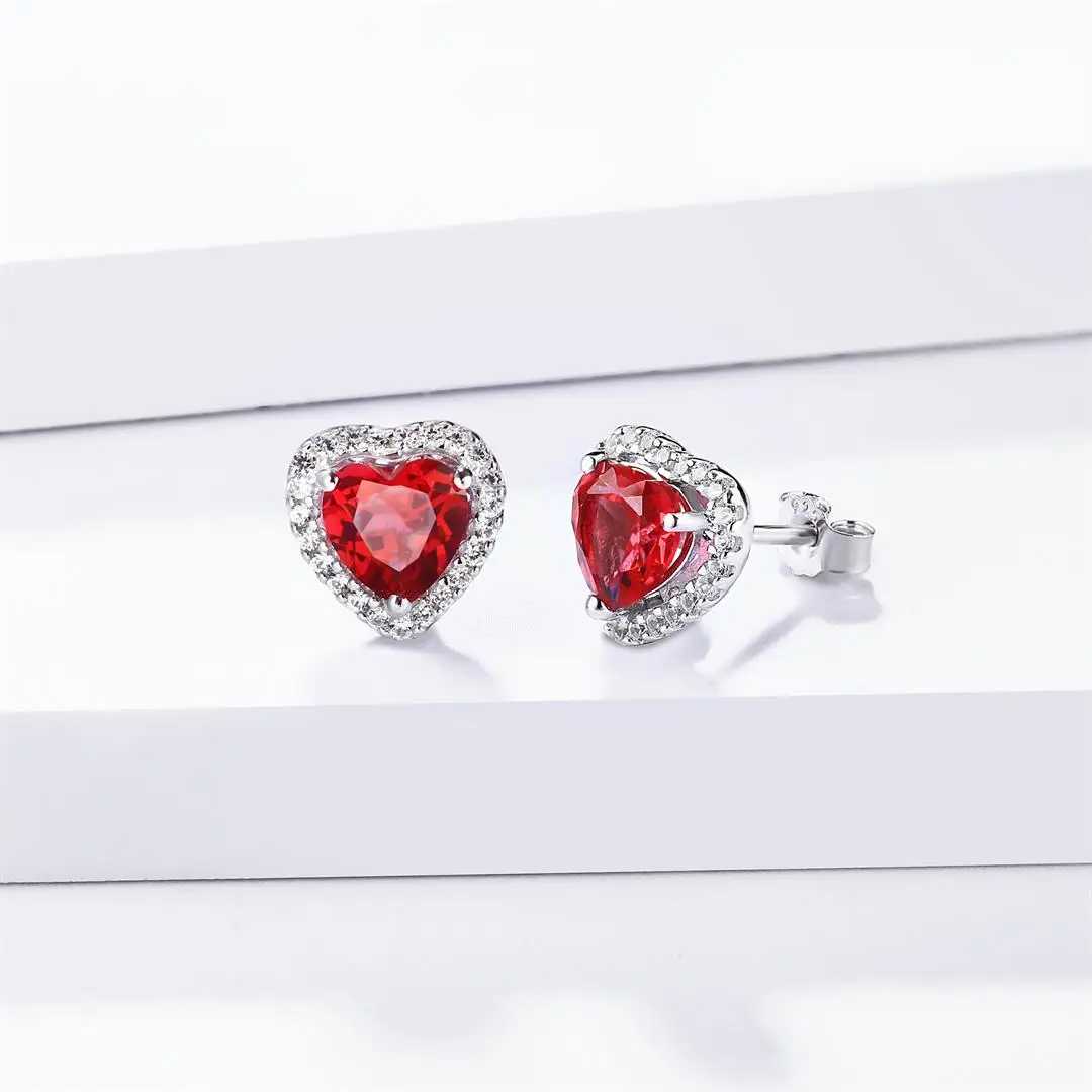 ATTAGEMS Created Ruby 925 Sterling Silver Stud Earring for Women Heart Shape design Emerald Sapphie Earrings Fine Jewelry