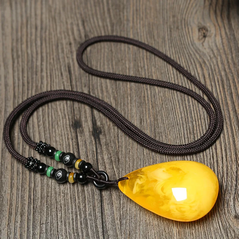 Natural Amber Necklace Men Women Healing Gemstone Fine Jewelry Genuine Baltic Yellow Amber Waterdrop Pendant Necklace