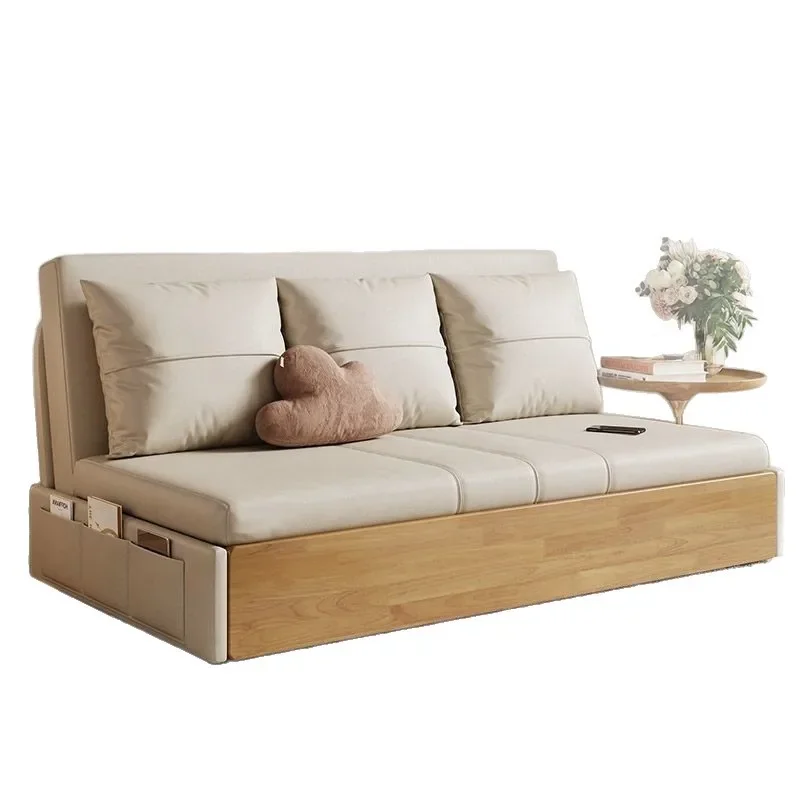 Solid wood without armrests Storage foldable sofa bed can be retractable push-pull bed Bedroom Living room dual-purpose simple