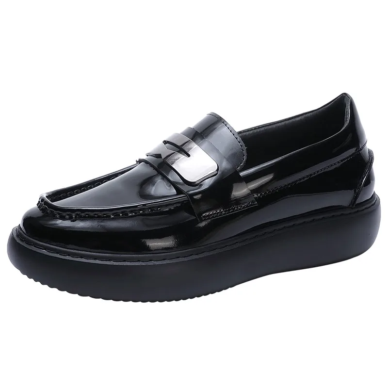 

British Genuine Leather Dress Loafers Men Leather Shoes Metal Sequins Height Increasing Thick Sole Casual Platform Male Oxfords