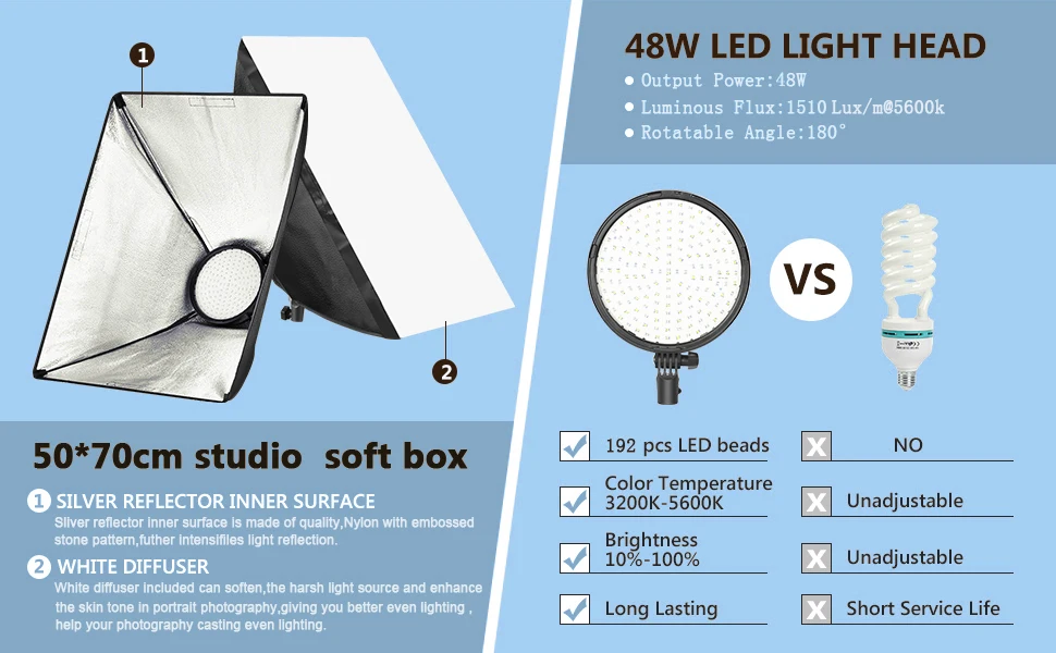 Two-Light Continuous Bi-Color 50*70cm Softbox Studio Photographic Lighting Kit Includes Light Stand and Softbox for Photography