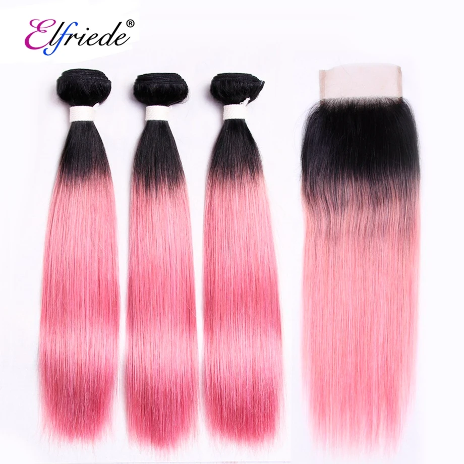 Elfriede Ombre # 1B/PInk mawar bundel rambut lurus dengan penutup rambut manusia Remy Brasil 3 bundel dengan renda penutup 4x4