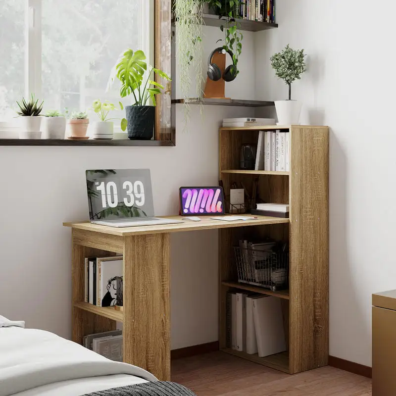 Bureau d'ordinateur contemporain 2-en-1 blanc avec 3 niches, 2 étagères de rangement, surface en mélamine, montage facile, table de bureau à domicile ou d'étude