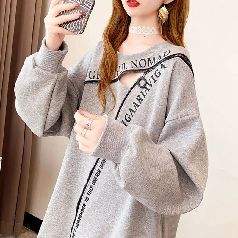 Fashion Loose Printed Zipper Hollow Out Sweatshirts Female Clothing 2024 Spring New Oversized Korean Tops Casual Sweatshirts