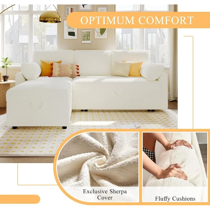 Sofa Bed, Sofa Sleeper with Storage Chaise, L Shape Pull Out Couch Bed, Oversized Sofas for Living Room-Offwhite Sherpa