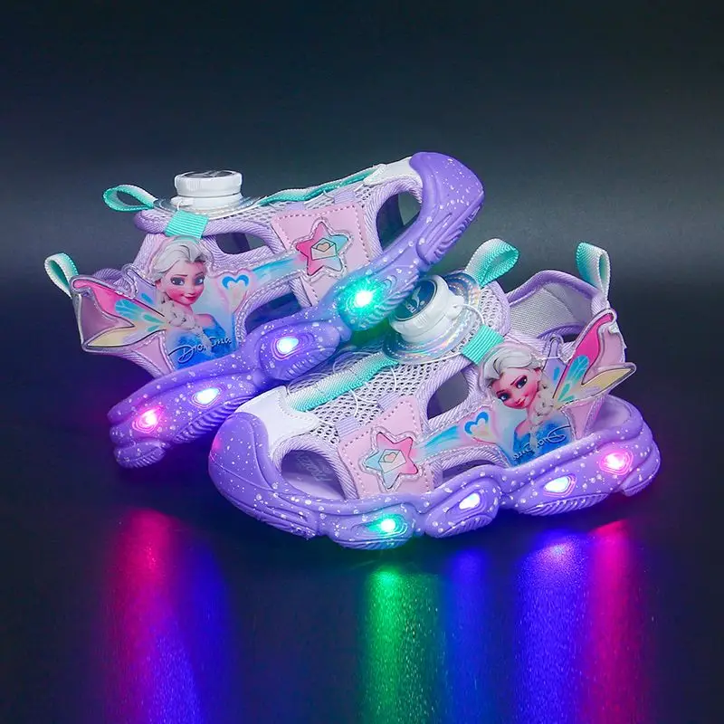 Disney LED Sport Sandals Summer Cartoon Princess Elsa Sandals For Girls Casual Beach Shoe Soft Sole Non-slip Kids Shoes Size 22-