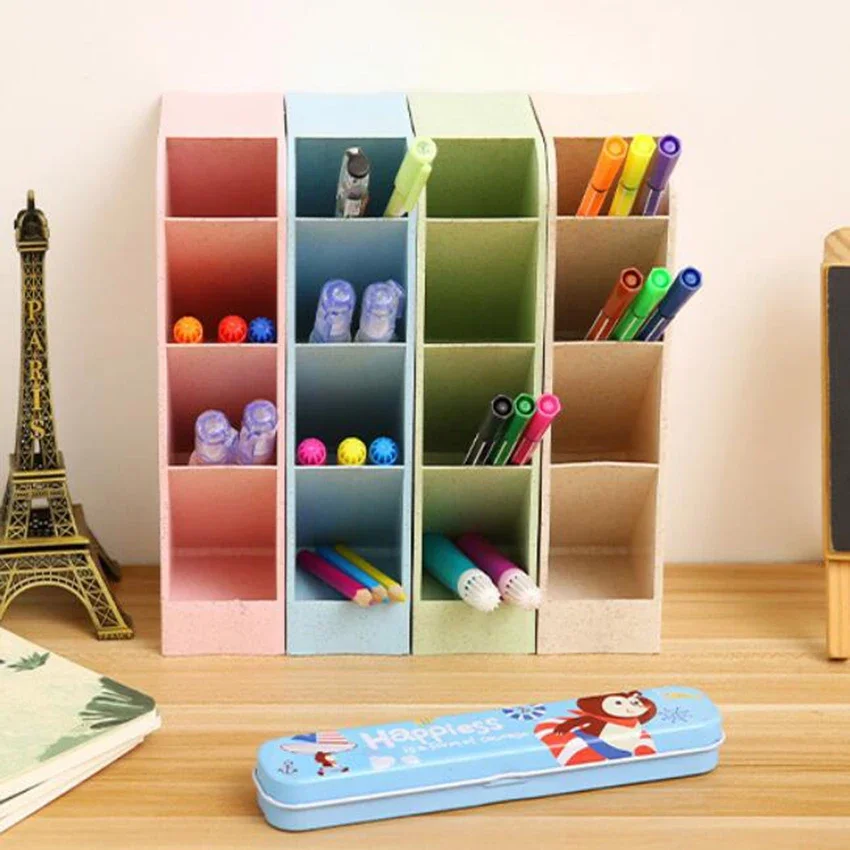 Vertical Wheat Straw 4 Grids Desktop Storage Box Nordic Style Pen Pencil Holder Multifunctional Cosmetic Drawer Organizer