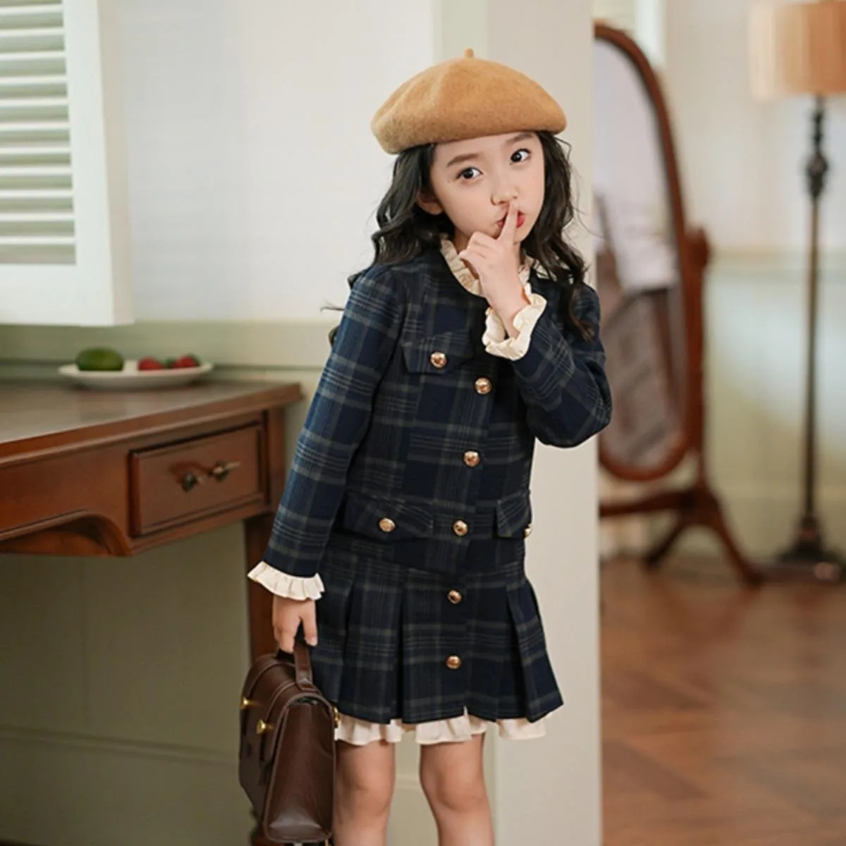 

Spring 2024 Children Girl 2PCS Clothes Set Cotton Plaid Single Breasted Coat Pleated Skirt Babys Girl Outfits Toddler Girl Suits