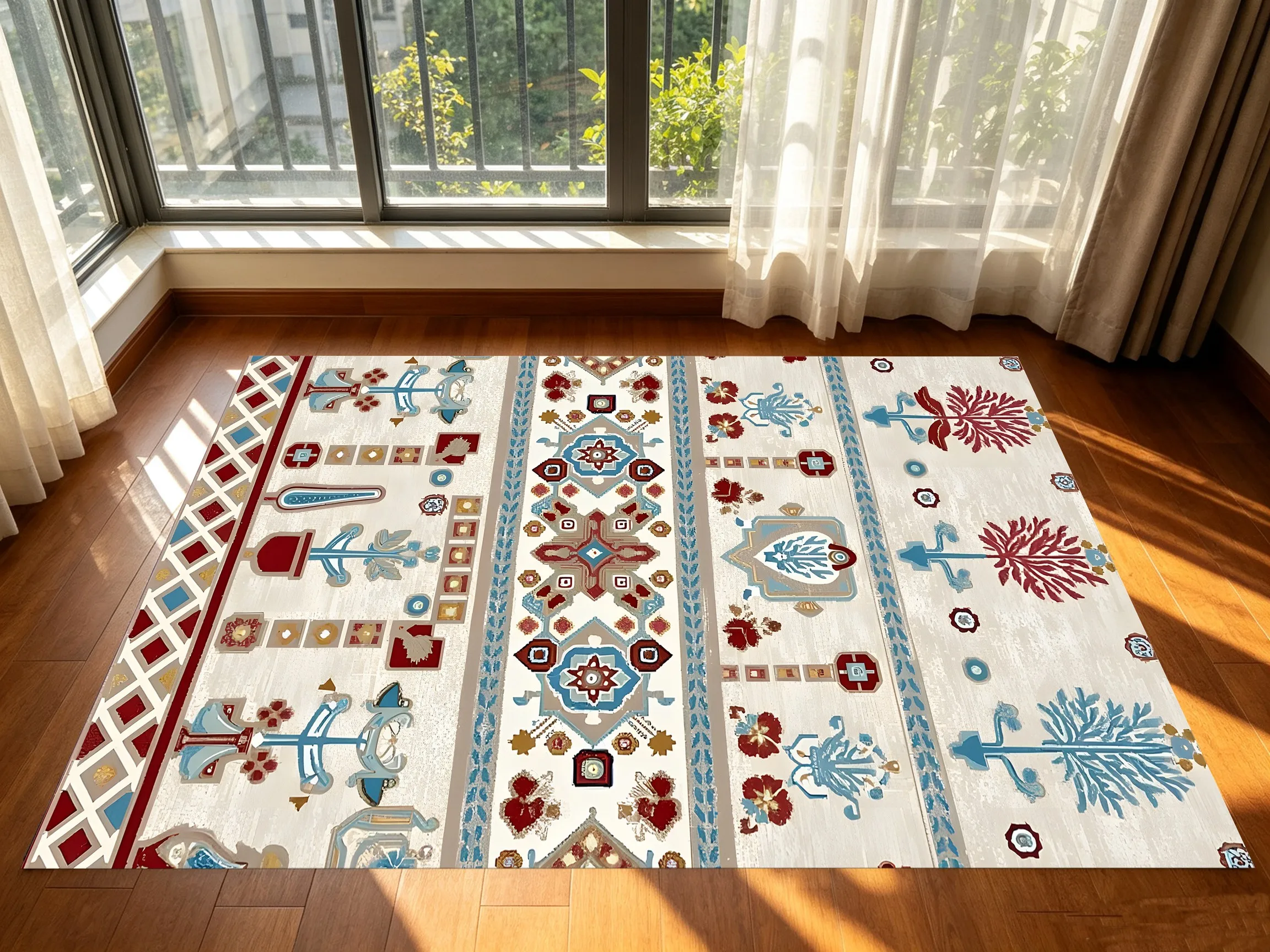 Symmetrical Exotic Ethnic Geometric Velvet Rug, Retro Bohemian Style for Living Room, Bedroom & Entryway