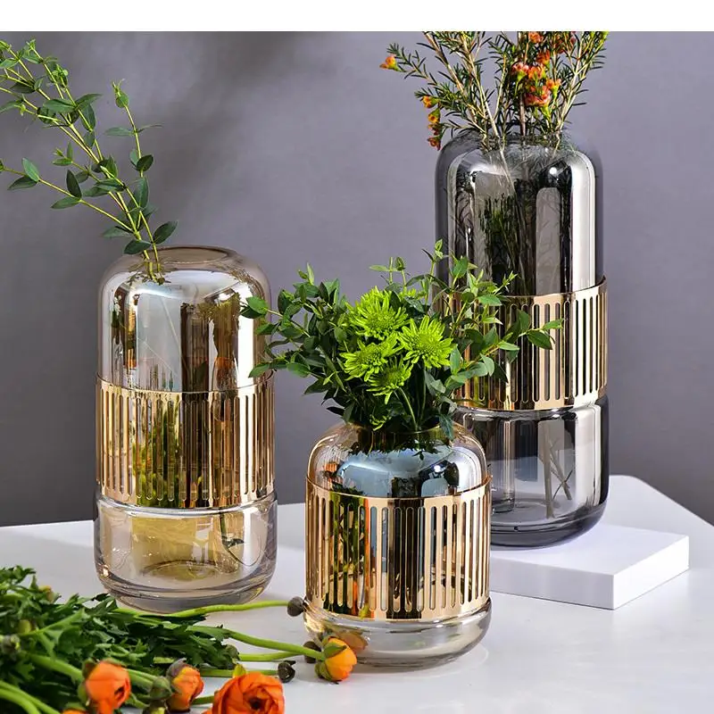 

Glass Vase Metal Rack Hollow Out Flower Arrangement Hydroponics Transparent Modern Home Decoration Wedding Vases