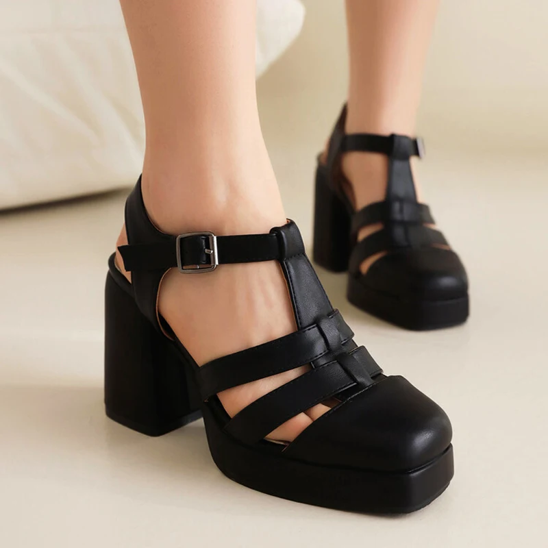 Sandalias de plataforma con punta cuadrada para Mujer, zapatos de tacón grueso con huecos para verano, Sandalias de tacón alto de 9CM con correa en T para Mujer LWSH5652