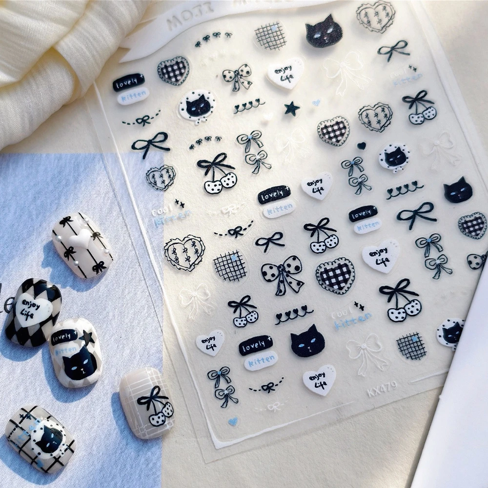 

Simple Black White Love Bowknot Cherry Kitten Stars 3D Self Adhesive Nail Art Stickers Lovely Cartoon Graffit Manicure Decals