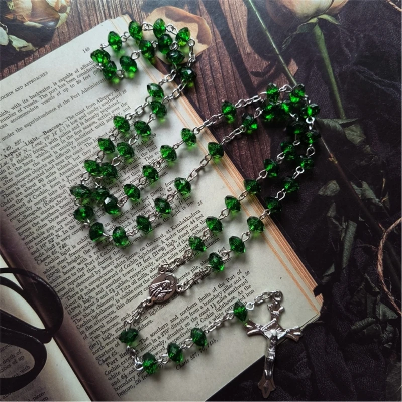 Green Stones Rosary Cross Necklace Christian VirginMary Center Accessories Sweater Chain Church Jewelry Accessories