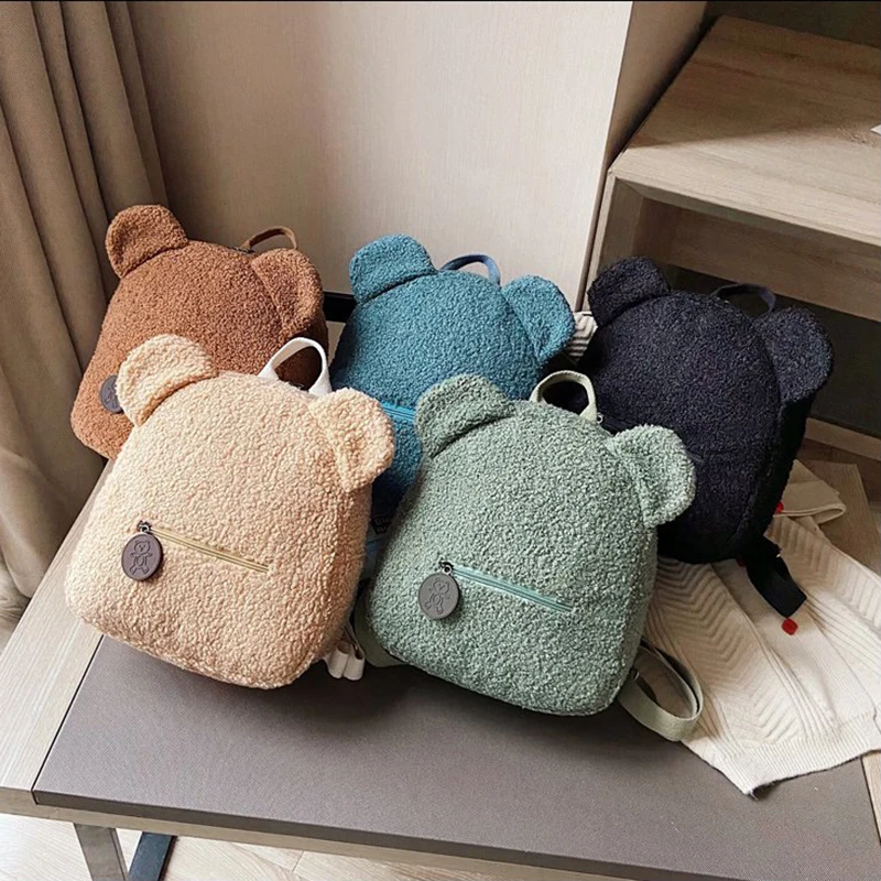 Korean Style Plush Bear Backpack Winter Portable Kids Travel Shopping Storage Bag Woman Cute Bear Shaped Rabbit Handle Backpack