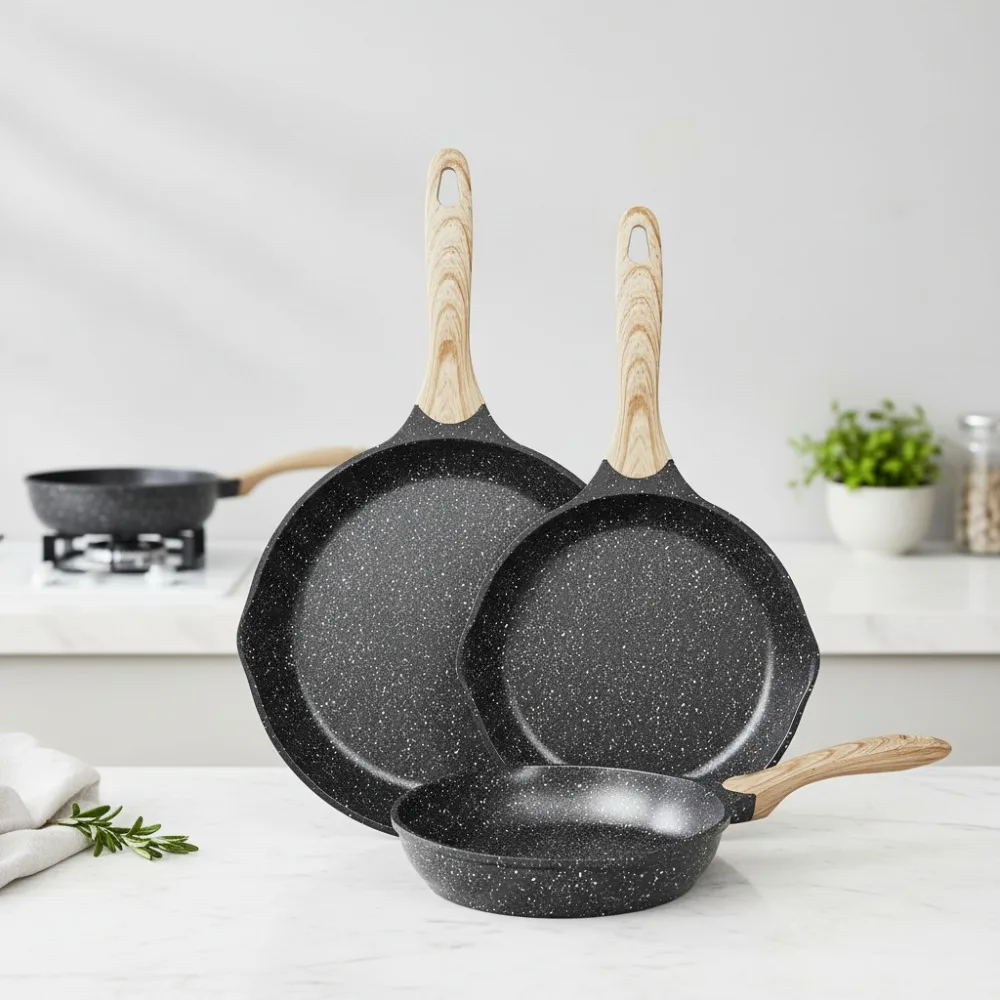 

3-Piece Nonstick Frying Pan Set, Granite Coating, All Stove Compatible, Healthy Cooking