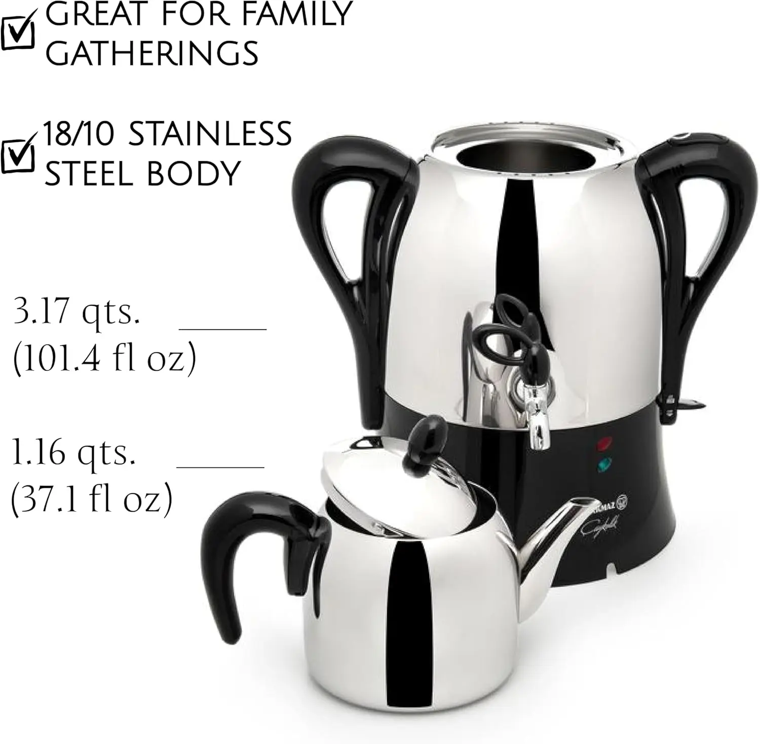 Tetera turca Samovar eléctrico de acero inoxidable, ollas dobles Semaver |   37,1 + 101,4 oz |   Alta capacidad, fácil de usar para F