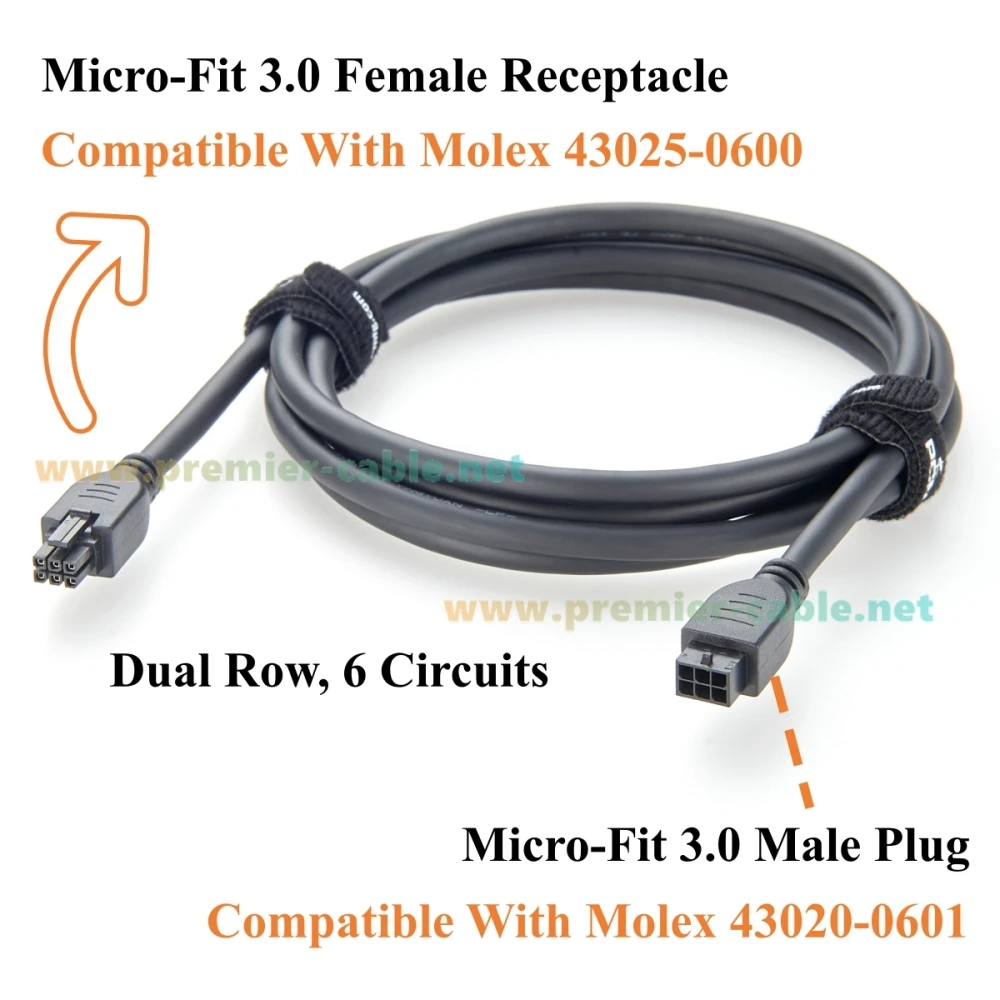 Micro-Fit 3.0 6Pin Male to Female Cable Dual Row 6 Circuits Power and Signal Assembly Compatible Molex 430200601 to 430250600