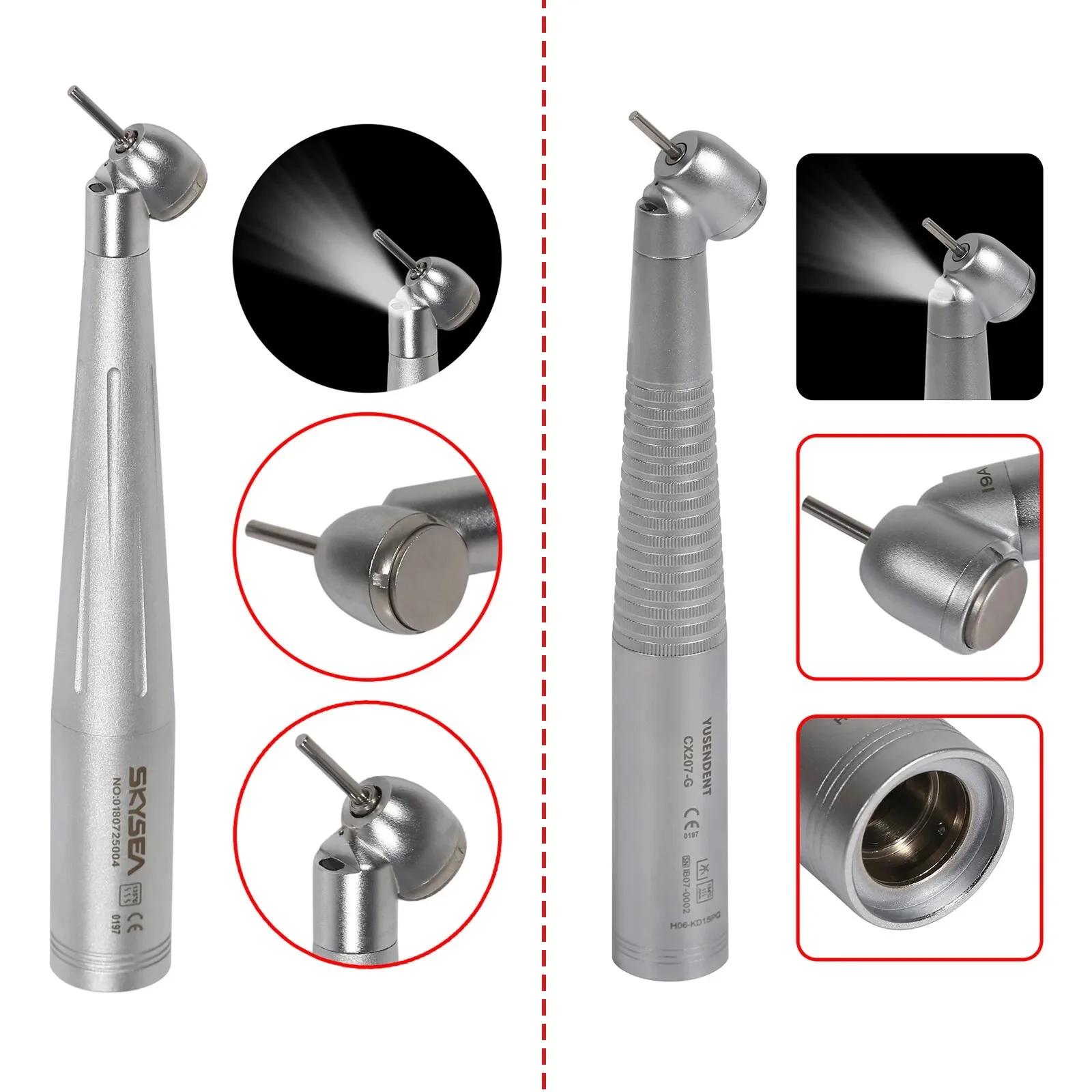 SKYSEA Dental Surgical 45° 45 Degree Fiber Optic LED Handpiece High Speed Push Button Turbine Fit 6Hole Coupler