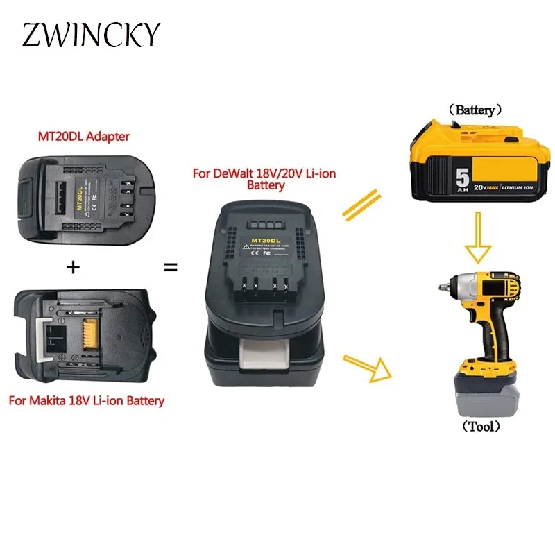 ZWINCKY Mt20Dl Battery Adapter For Makita 18V Bl1830 Bl1860 Bl1815 Li-Ion Battery to For Dewalt 18V 20V Dcb200 Li-Ion Battery