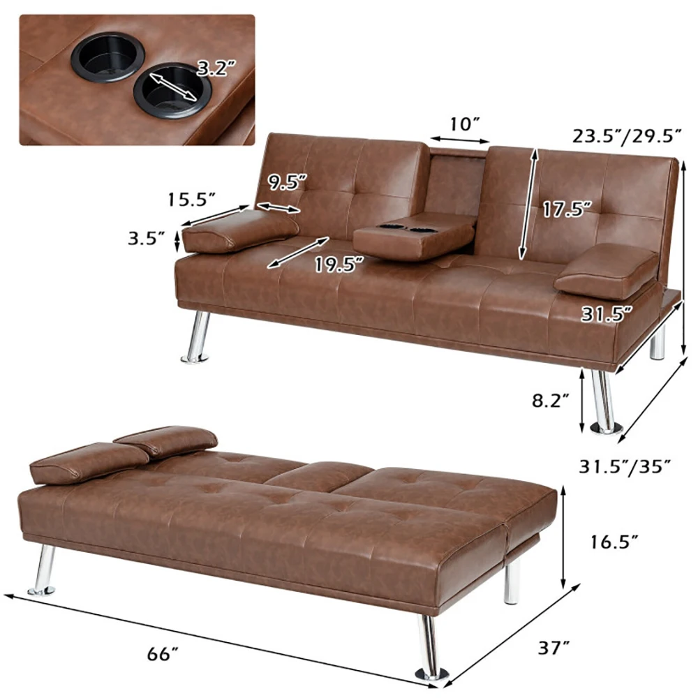 Finer Materials Higher Softness Convertible Folding Leather Futon Sofa with Cup Holders and Armrests image 3