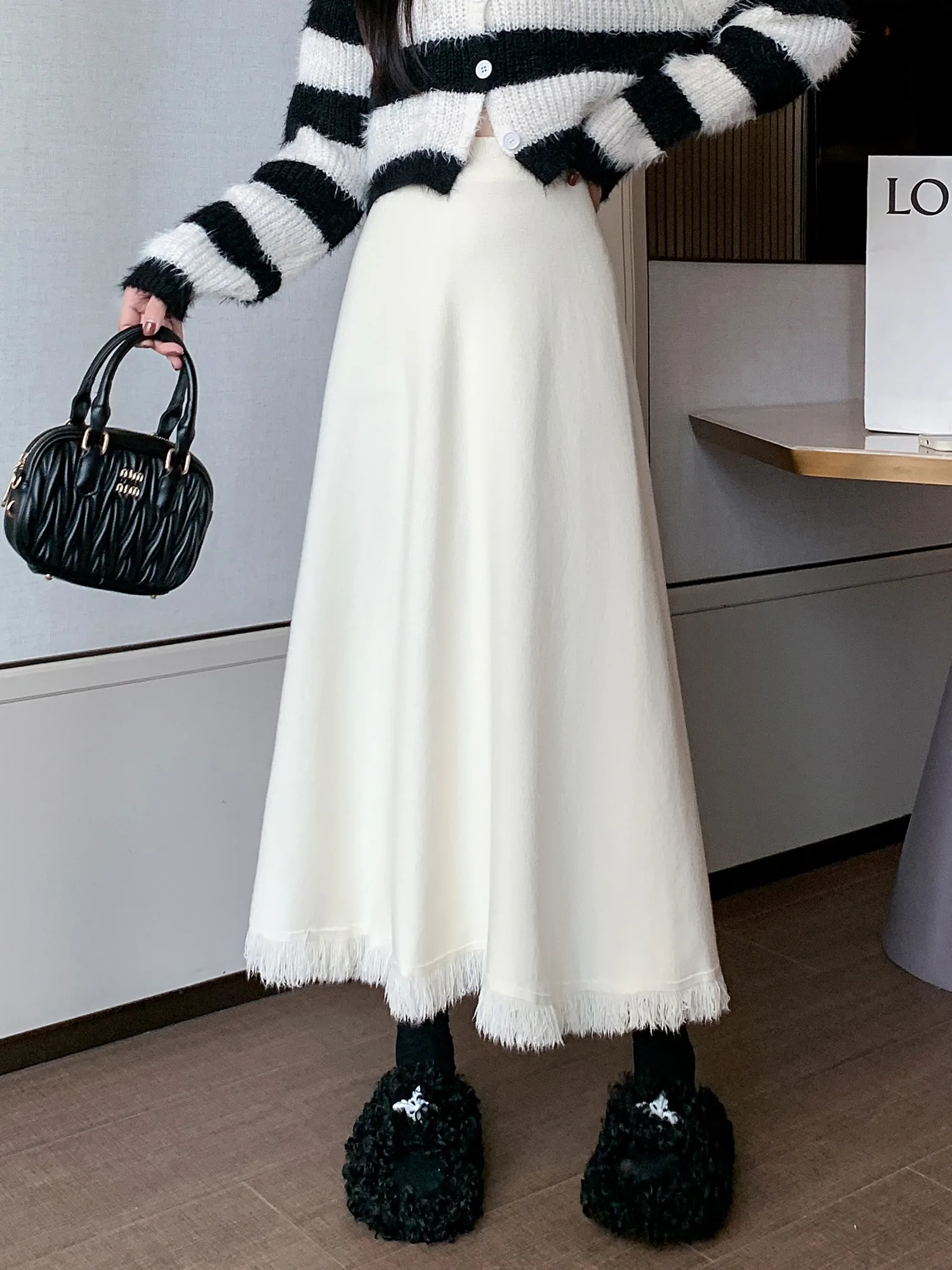 하이웨이스트 니트 태슬 스커트 여성용 가을 겨울 신상 달콤한 스타일 폴리에스터 섬유 수제 플리츠 A라인 스커트