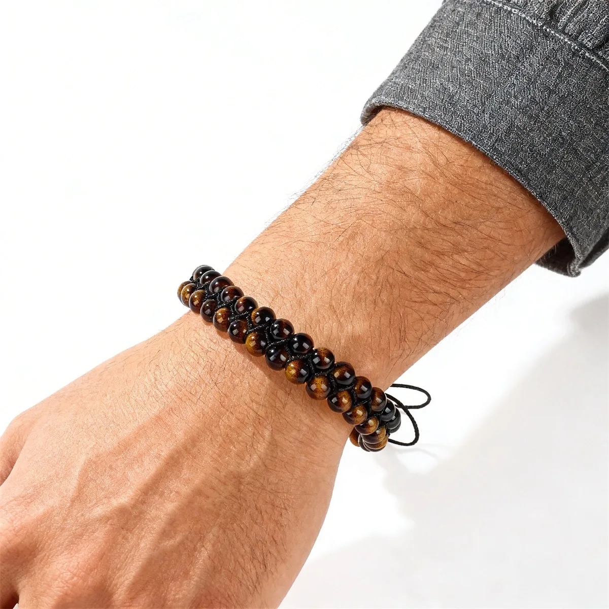 

Natural Tiger Eye Stone Beaded Bracelet Handmade Braided Adjustable Double Row Wristband for Men Women Jewelry Gift Unisex Luck