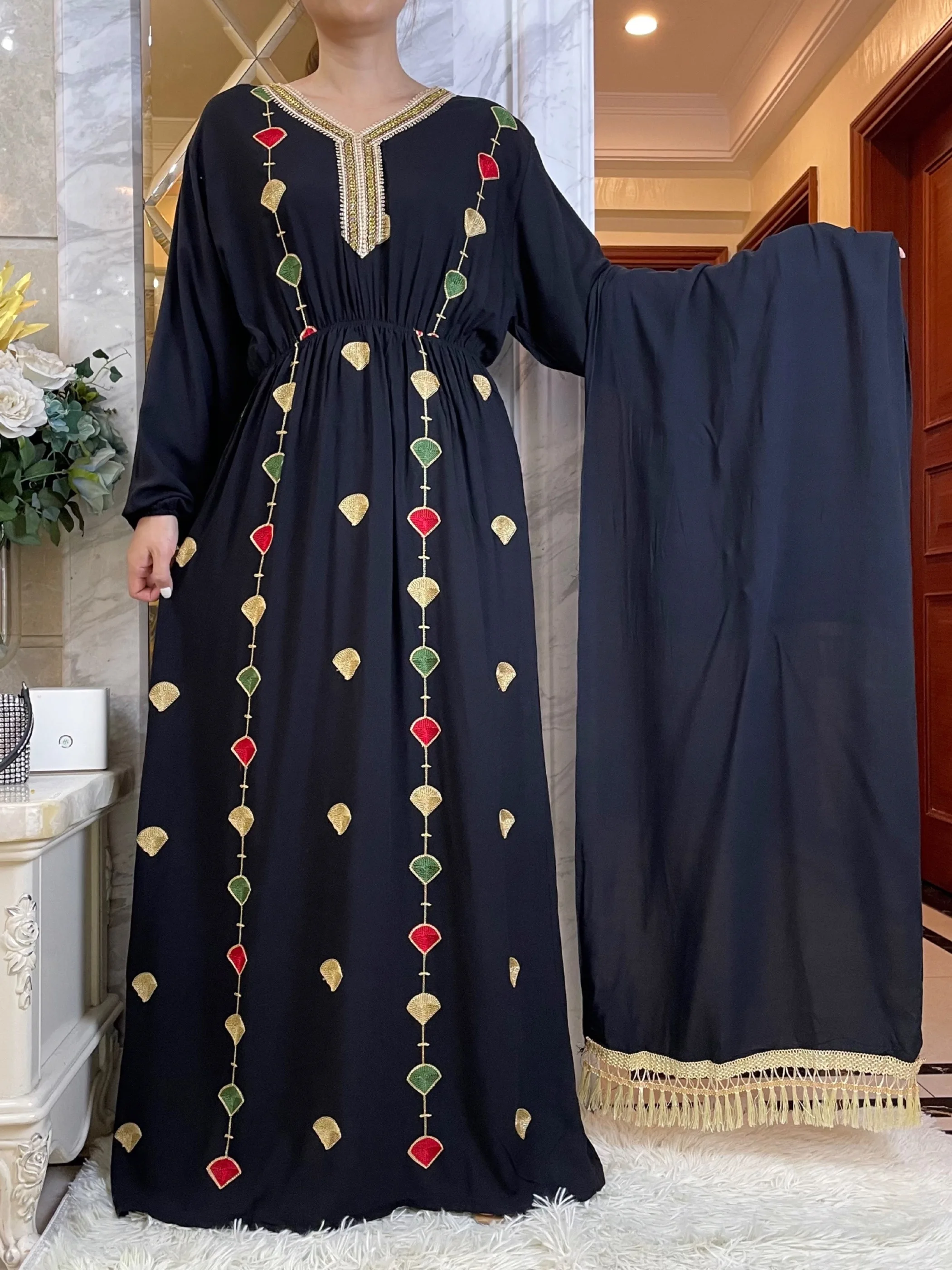 New African Summer African Long Sleeve Dresses Collect Waist Embroidery Floral Maxi Islam Women Cotton  Abaya With Big Scarf