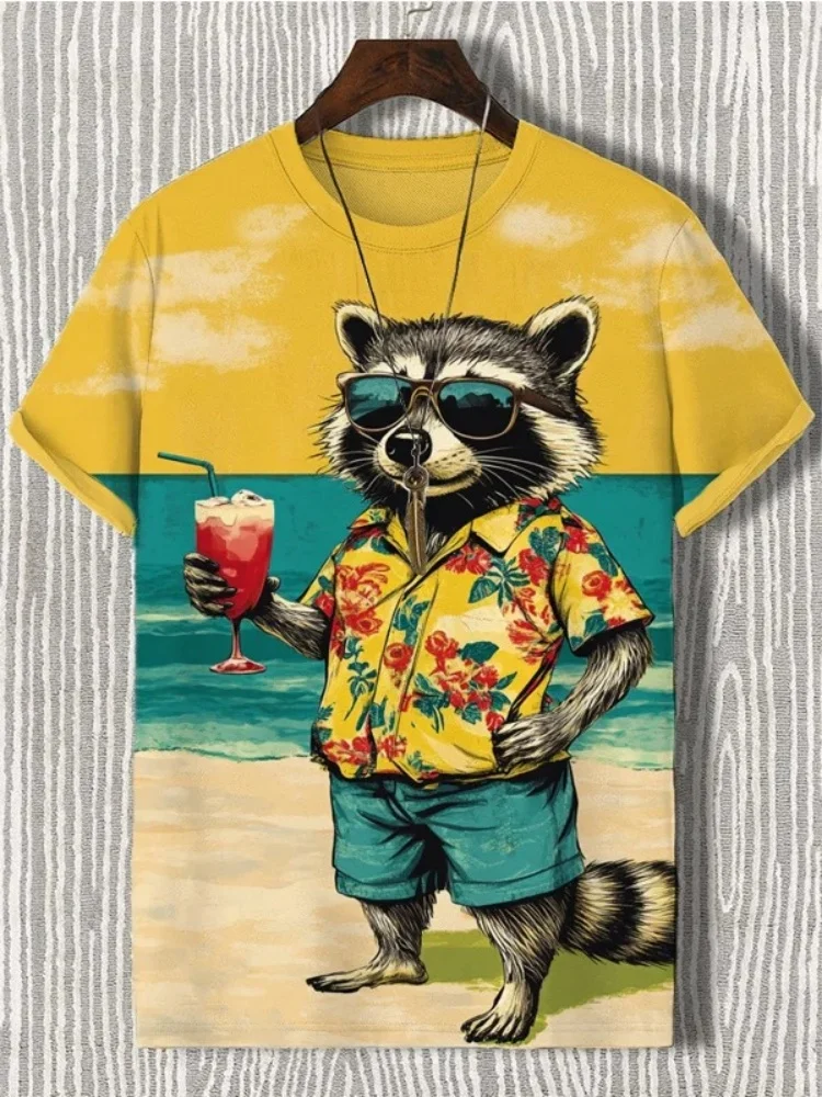 

Желтые футболки в стиле ретро с мультяшным принтом, мужские приморские еноты на праздничном принте, повседневная футболка с короткими рукавами для старшей школы, лето 2025 г.