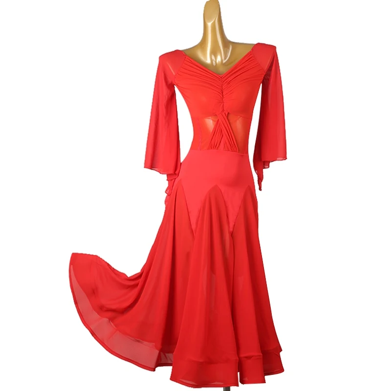 

High-End Modern Dance Dress Red Long Sleevd National Standard Dance Clothes Adult Ballroom Dance Competition Clothing DQL9239