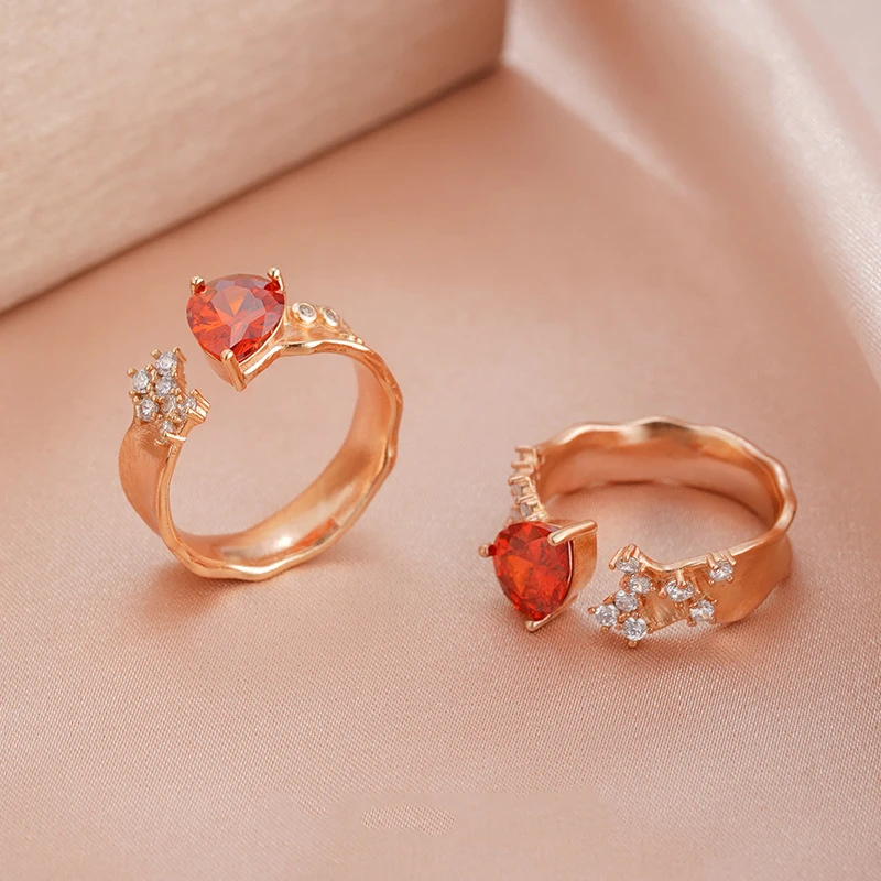 Classic orange gemstone water droplet rings for women high-end design brushed wave irregular texture ring banquet jewelry gifts