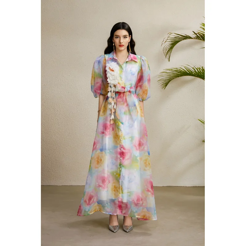 KAROLINA2025 Vestido de cuello festivo con estampado floral 3D de manga larga y manga abullonada para principios de otoño, es...