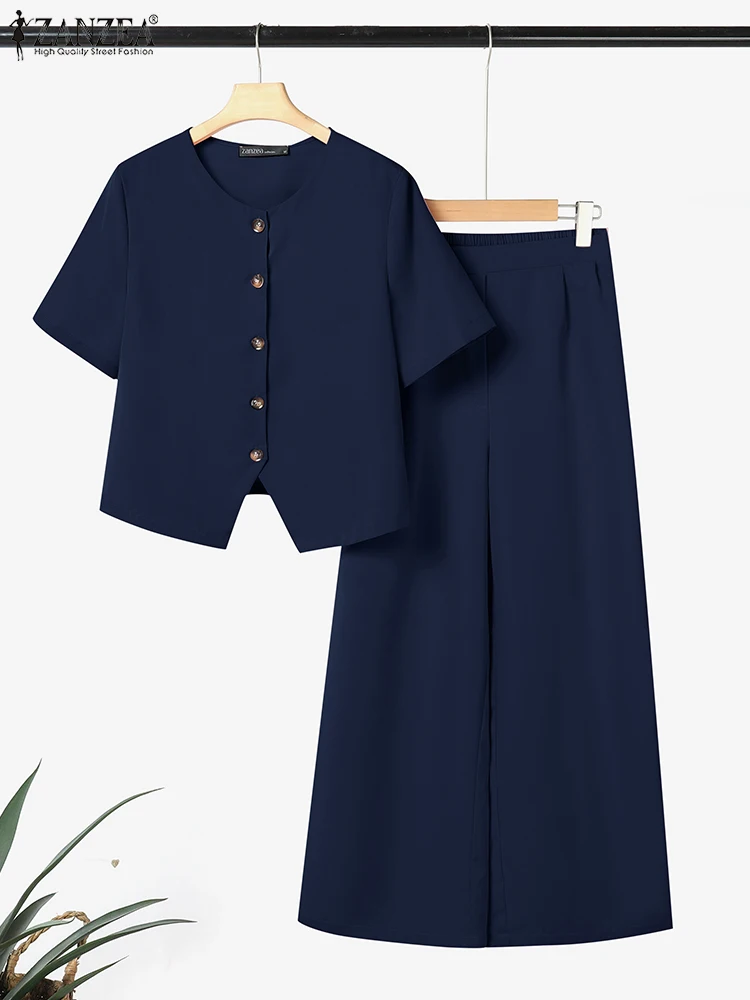 

2025 ZANZEA Casual Short Sleeve Solid Blouse Trousers Suit 2PCS Women Summer Outfits Fashion Work OL Pant Sets Matching Sets