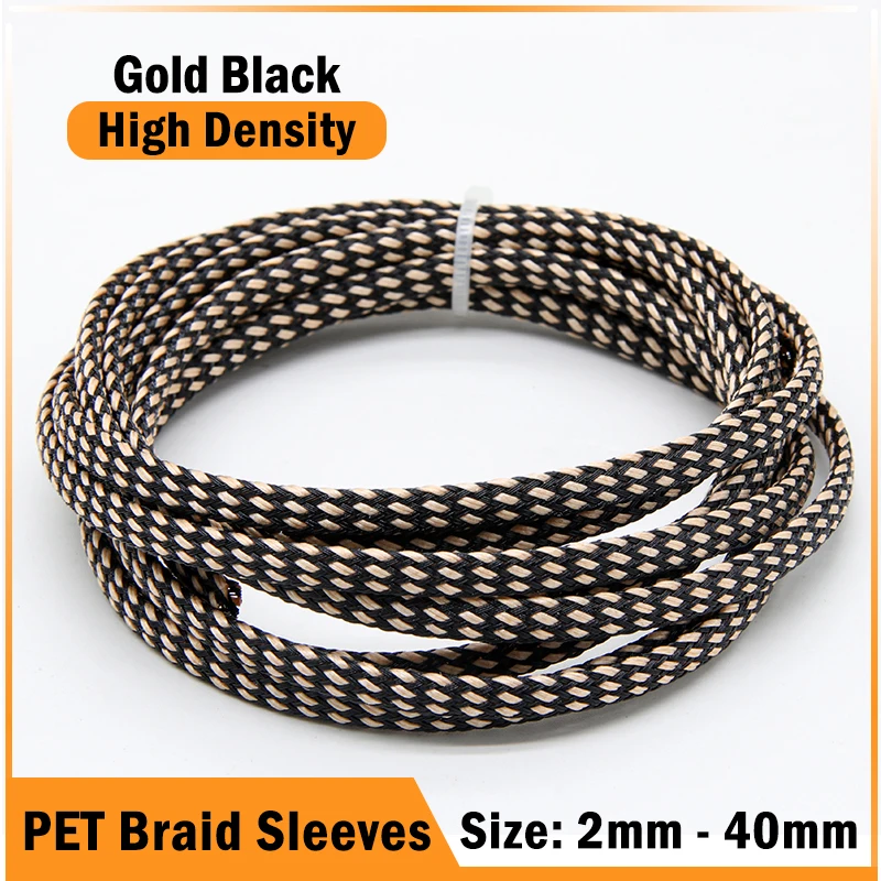 

1~50m Gold-Black PET Braid Sleeve 2/4/6/8/10/12/14/16/20/40mm High Density Insulated Wire Protector Snake Skin Cable Wrap Sheath