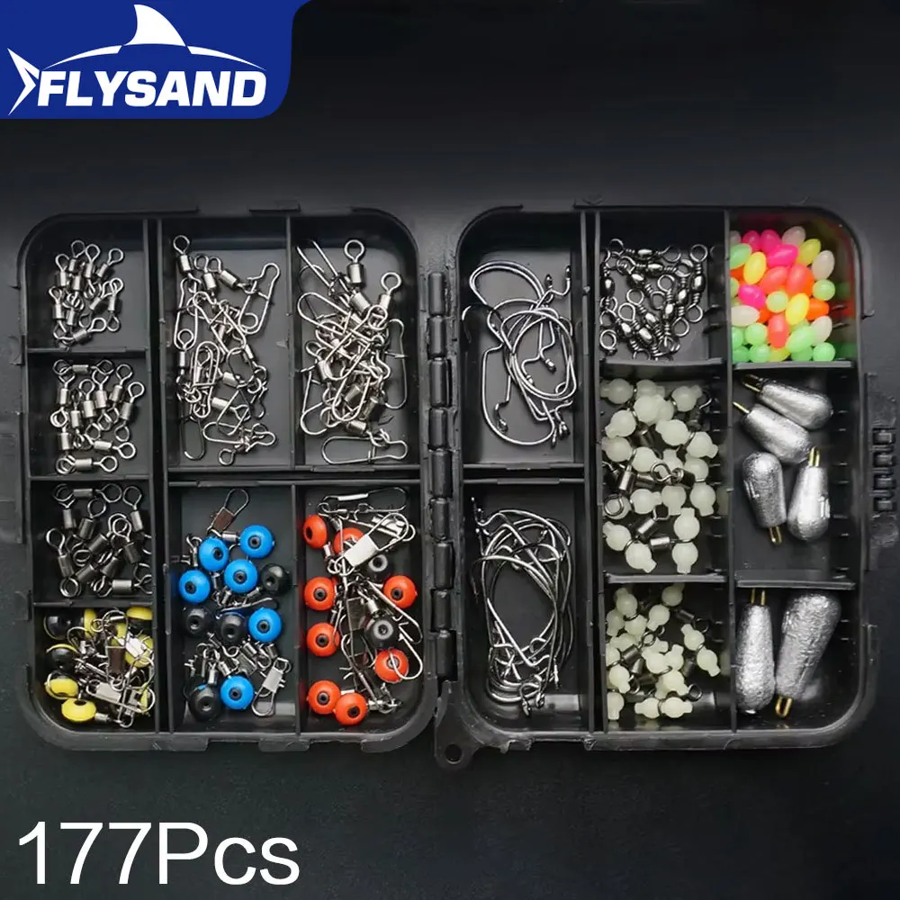 

177 шт. портативный комплект рыболовных снастей с крючками, грузилами, вертлюжками для стволов, светящимися бусинами для рыболов