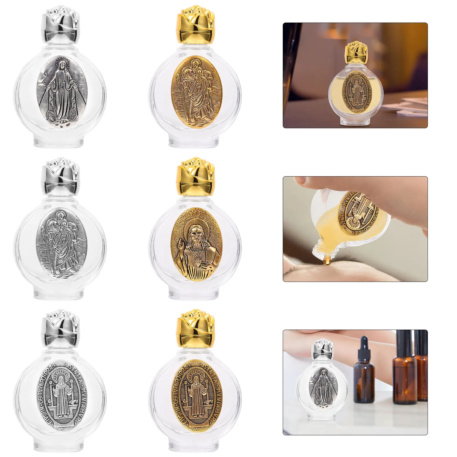 

6Pcs Stylish Religious Perfume Bottles Small Glass Refillable Leakproof Container with Metal Decor Essential Oil Dispenser