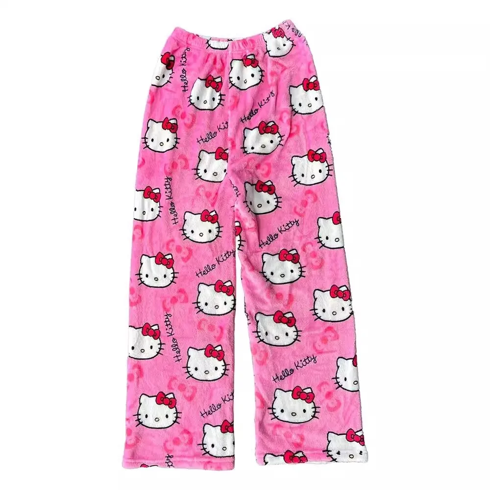 Sanrio-Pijama de franela de Hello Kitty para mujer, pantalones cálidos de lana de dibujos animados, pantalones casuales para el hogar, moda de otoño e invierno