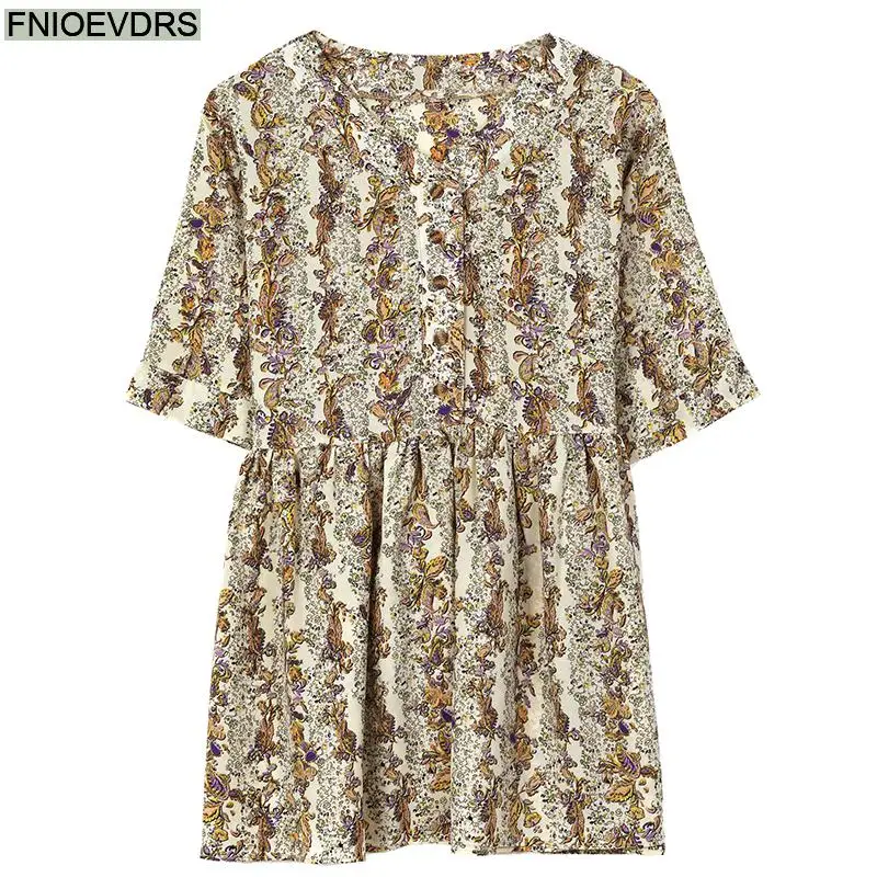 ملابس فضفاضة للنساء 2025 بلوزة صيفية بأكمام قصيرة ورقبة على شكل V باللون الأرجواني مُزينة بالزهور قمصان نسائية عتيقة تونك بيبلوم #6