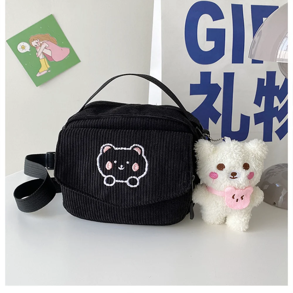 New Fashion Women Corduroy Cartoon Bear Print Shoulder Bags Student Tote Messenger Bag Satchel Travel Handbags Canvas Bag