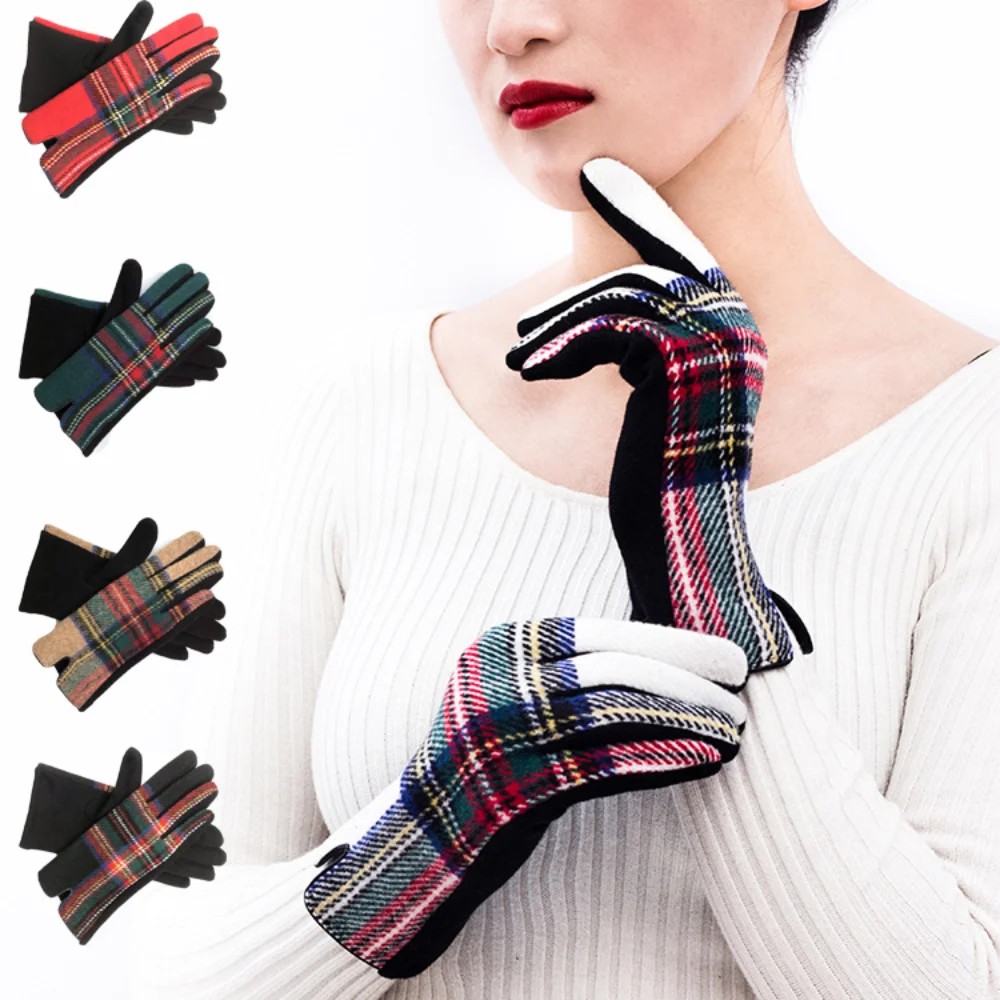 Fashion Retro Plaid Gloves Gothic Warm Winter Golves Velvet Lolita Touch Screen Gloves for Women