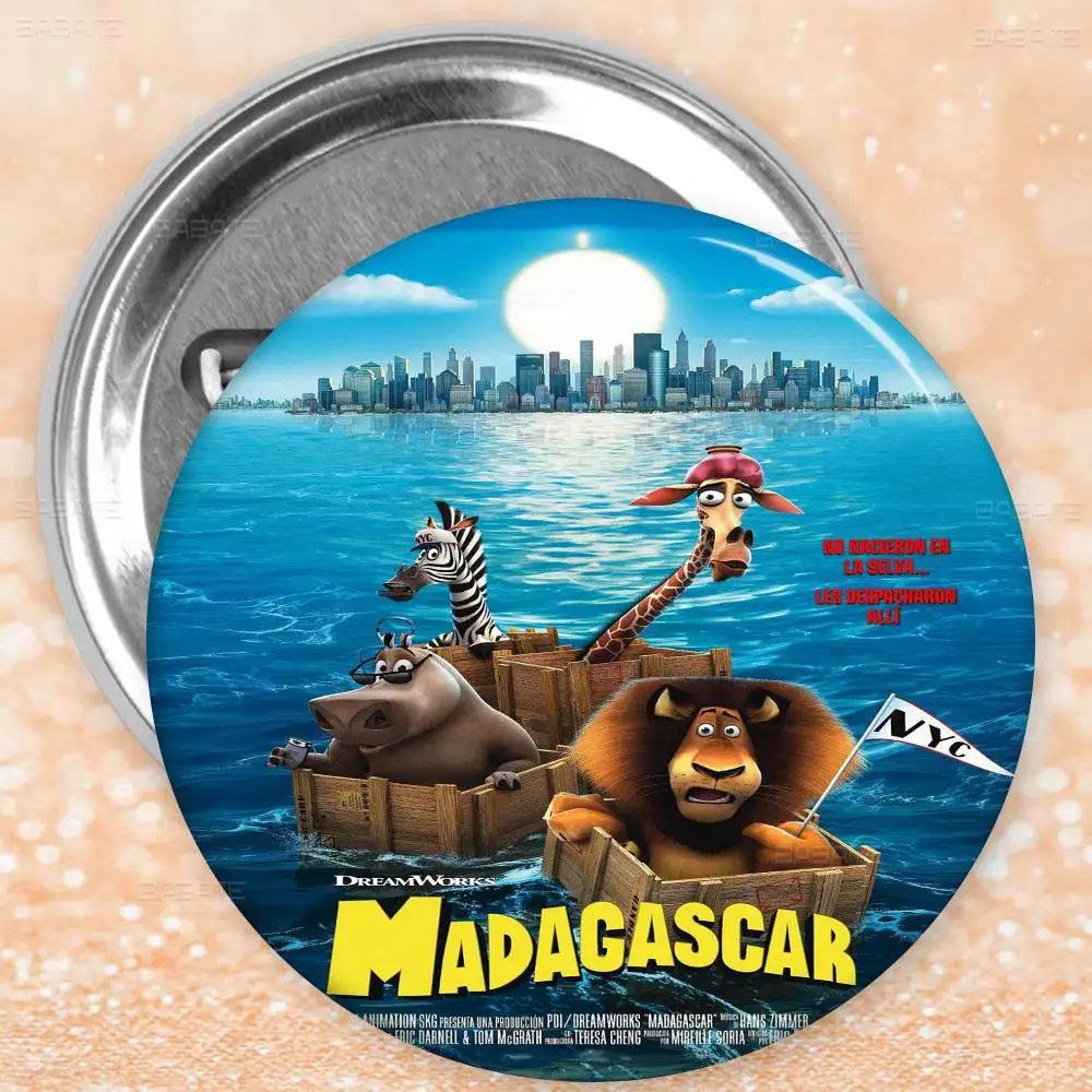 Madagascar Cartoon Round Button Pins Slogan Creative Brooches Backpack Clothes Decoration Fashion Cartoon Jewelry Gifts