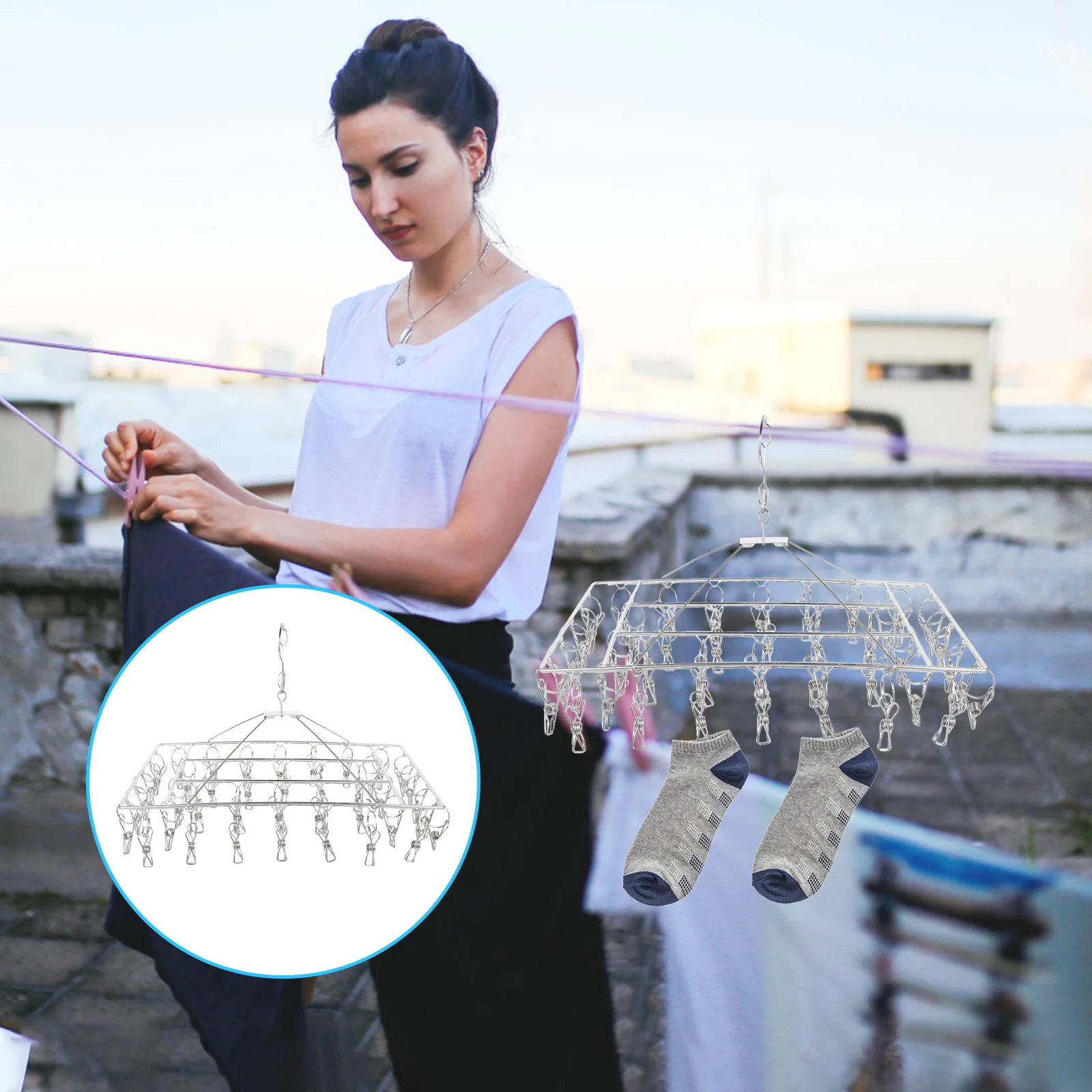 

Drying Rack Clothes Hanger Stainless Steel Laundry Clips Windproof Socks Rack Balcony Drying Home Use Underwear Socks Towels