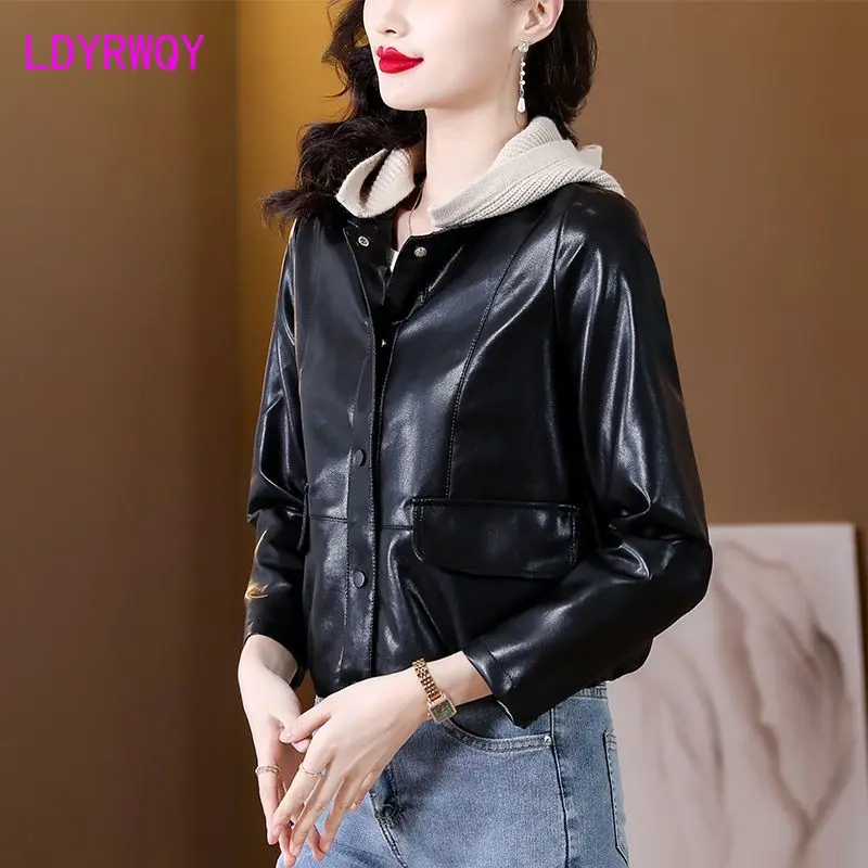 Hooded leather jacket for women\'s short 2023 spring wear new motorcycle wear PU leather jacket jacket